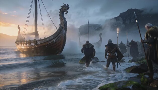 Viking army warrior soldier man male with spear shield sword and fur on misty fjord shore at sunrise longship landing raid battle readiness dramatic fantasy epic scene