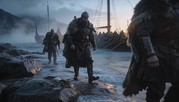 Viking warrior army battle on rugged coast at sunrise with fur armor shield and axe by longship near misty fjord dramatic mountain shore adventurous mood cinematic epic determination
