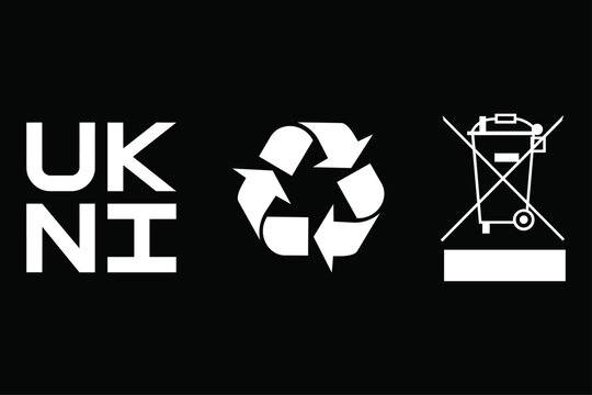 UKNI recycling symbol and weee trash can icons on black background