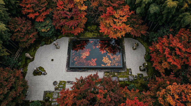 Pure Top Down Nadir 90 Degree Minimalist Aerial Drone View of Kyoto Autumn Forest Japan