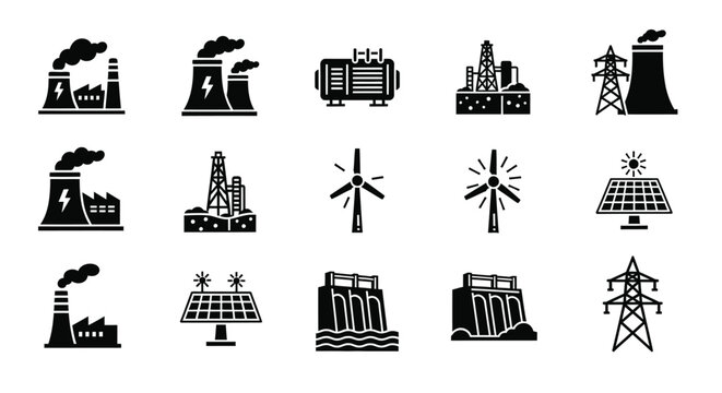 Industrial energy sources and power generation icons in black silhouette