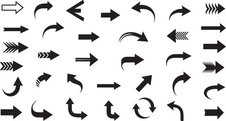 A diverse collection of various arrow designs and styles in black and white isolated on transparent background, Vector