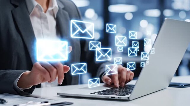 Businessman interacts with glowing email icons on laptop in office