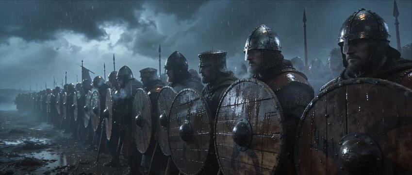 Medieval army viking warrior shield wall battle line formation heavy storm rain night sky storm cloud wet armor helmet spear banner reflection dramatic battlefield tension cinematic fantasy scene
