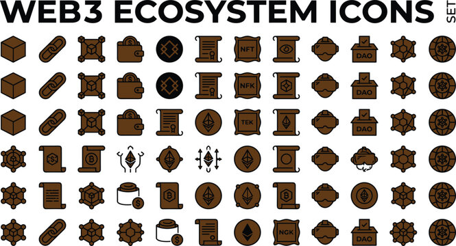 Web3 blockchain ecosystem icon set with cryptocurrency tokens smart contracts nft dao governance and decentralized network symbols
