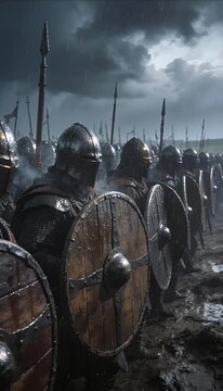 Medieval viking army warrior shield wall battle with spear sword and armor helmet and chainmail under dark storm cloud rain on muddy field dramatic tension atmosphere