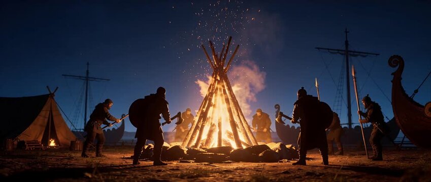 Viking army warrior campfire night circle vigil under starry sky on historic shore burning bonfire tribal battle tension energy longship tent harbor weapon silhouette around blazing flame