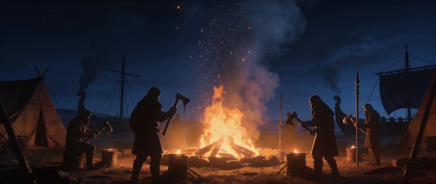 Viking camp night fire warrior army silhouette with axe near ship and tent under star sky embers glowing atmosphere battle preparation historic dramatic adventure courage unity scene