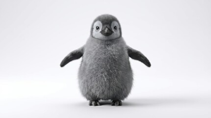 small penguin standing on white surface with its wings outstretched and looking directly at the camera