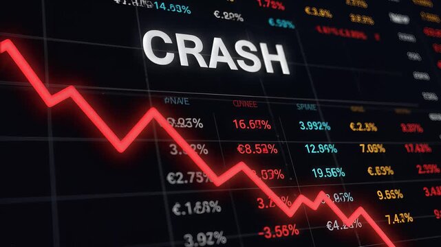Prominent 'CRASH' word accompanies a severe scarlet market trend on a fiscal monitor.