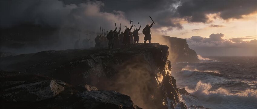Viking warrior army silhouette on stormy coastal cliff at sunset facing epic battle scene over dramatic sea and ocean waves with spray fantasy landscape of victory power freedom unity strength honor