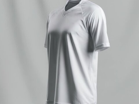 Plain Jersey Front View. Soccer/Football Merchandise Mockup (No Brand, No Logo). Product Mockup. A plain football jersey hanging neatly, set in a clean studio environment with a soft textured backdrop