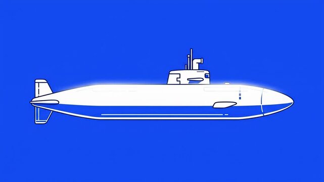 Animated white and blue submarine illustration on a solid blue background