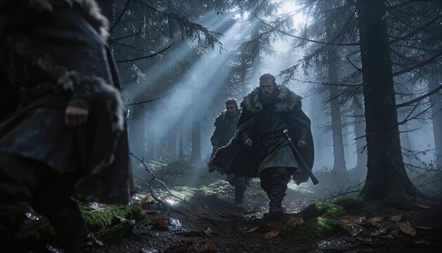 Viking army warrior patrol forest misty morning light beam ancient woodland cinematic atmosphere tense adventure stealthy raid cold autumn tension cloak fur man beard leather armor axe hooded cape