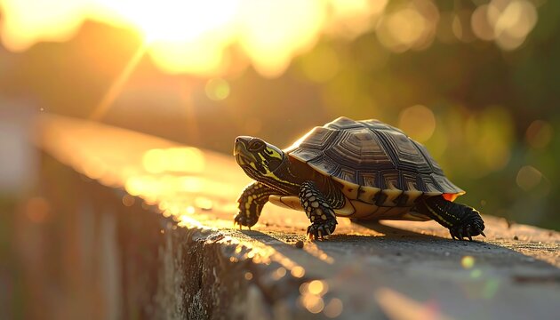 A turtle on a ledge at sunset