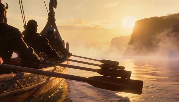 Viking warrior army row longship at sunrise fantasy adventure journey courage in misty fjord seascape with wooden oar crew exploration history dramatic sky coast reflection water