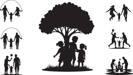 Silhouettes of families and children playing under a large tree outdoor © MdAbu