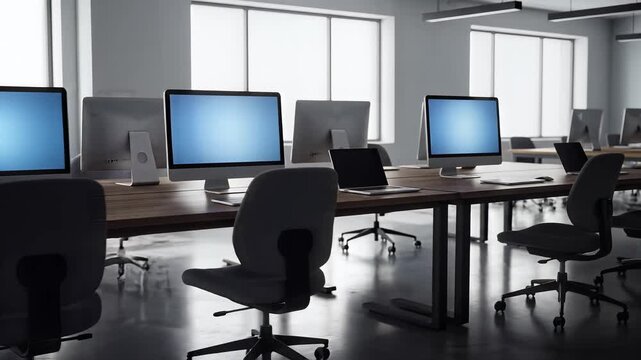 Modern open-plan office with rows of empty workstations and computer screens activating.