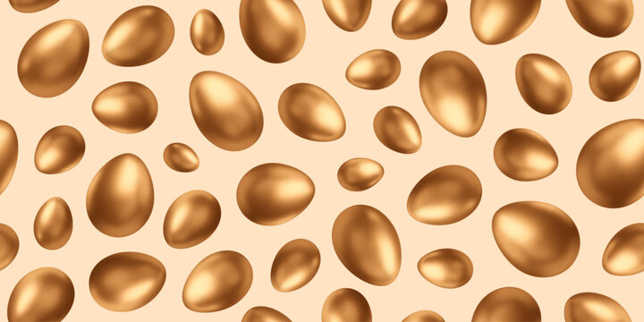 Easter background with 3d golden eggs. Seamless pattern with gold glossy elements. Vector illustration. Cartoon treasure backdrop.