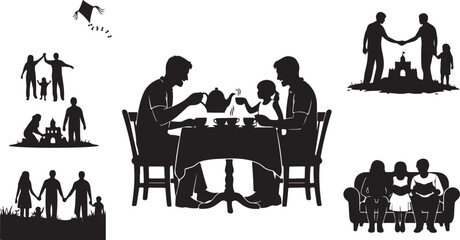 Fototapeta premium Silhouettes of families engaging in various activities together togetherness black and white