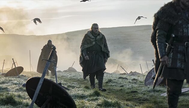 Viking warrior army on frost dawn battlefield with shield sword armor and cloak of fur marching through mist among fallen under cold sky raven crow bird overhead rugged landscape grim determination