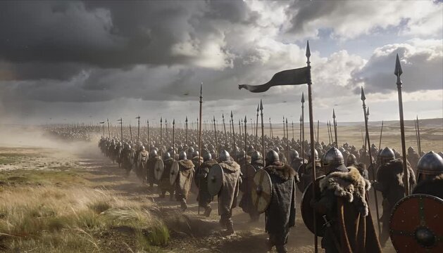 Medieval army viking warrior shield spear battlefield marching under storm sky dramatic cinematic fantasy epic scene of tension courage honor unity loyalty charge through wind and sand