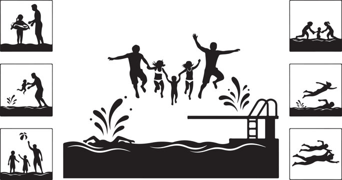 Silhouettes of people enjoying water activities in a pool and jumping into water