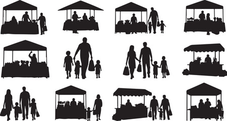 Silhouettes of people shopping at outdoor market stalls with tents and children © MdAbu
