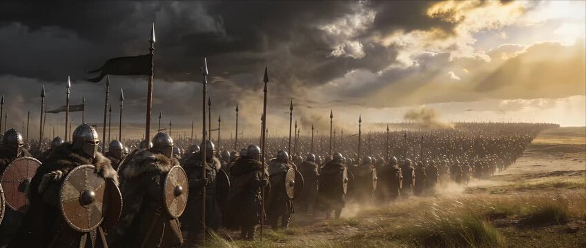 Medieval army viking warrior march on battle field under stormy dramatic sky fantasy war scene with shield spear armor dust horizon epic battlefield tension anticipation powerful charge