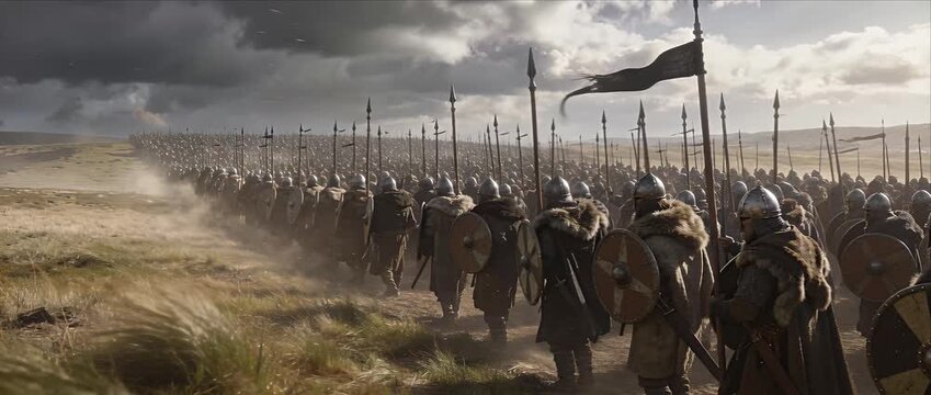 Medieval army viking warrior shield helmet spear march battlefield sky storm cloud banner fur cloak armor fantasy epic landscape dust formation horizon tension dramatic shield wall