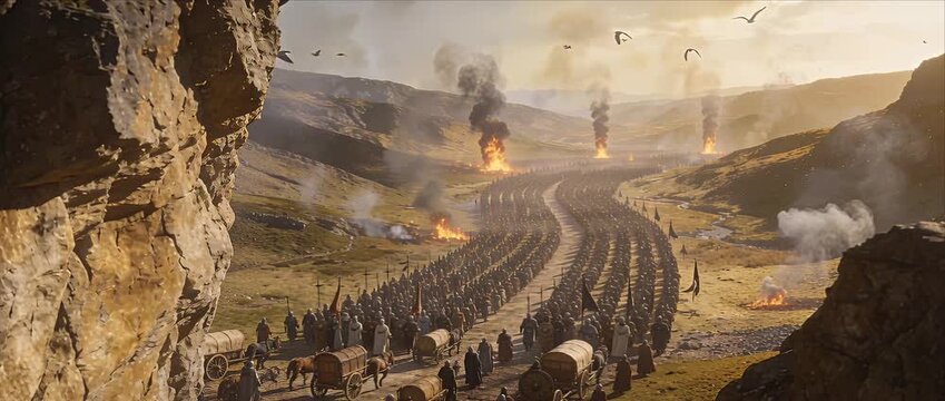 Epic medieval army viking warrior march through mountain valley landscape under golden war sky with burning village fire smoke long caravan wagon horse column fantasy battlefield soldier adventure