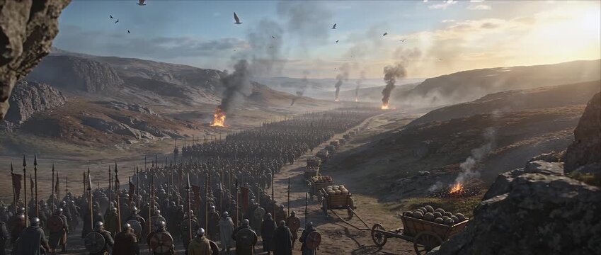 Medieval army viking warrior battle landscape sunrise marching through vast valley fantasy epic preparation tension with shield spear war cart cannonball fire smoke ravens gathering before war epic