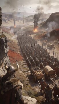 Viking army warrior soldier shield helmet march through mountain canyon valley wagon caravan cliff overlook medieval battlefield invasion war landscape smoke fire banner spear sword shield wall