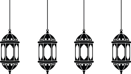 Set of four black hanging Ramadan lanterns silhouette isolated on white background for Islamic holiday greeting cards Eid Mubarak and Ramadan Kareem festival decorations © Amol Chandra