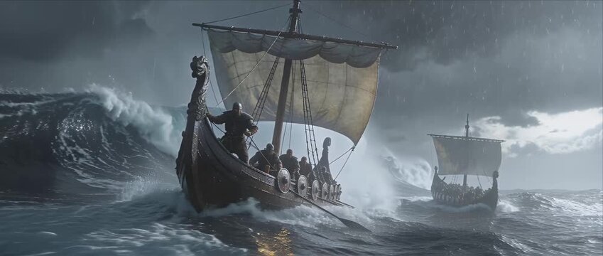 Viking ship longboat storm ocean wave lightning warrior battle sailing dragon prow rushes through raging sea dark stormy sea viking longship army warrior sail ocean wave thunder rain viking army ship