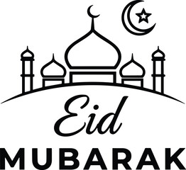 Obraz premium Black and white minimalist line art illustration of a mosque dome with crescent moon and star for Eid Mubarak celebration greeting card and poster