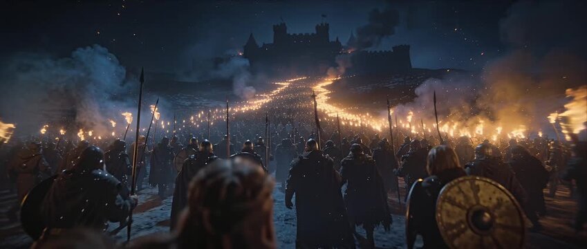Medieval army viking warrior night castle siege torch fire battle march fantasy snow epic cinematic scene under starry sky with dramatic mood shield spear sword soldier