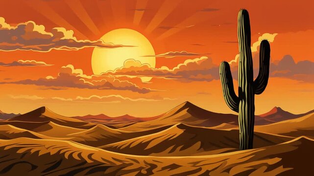 Desert landscape illustration at sunset with saguaro cactus and warm sky. Emphasizes the beauty of arid landscapes and natural light.
