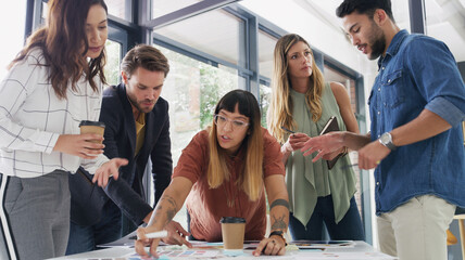 Documents, meeting and team of business people in office with planning for creative project in...