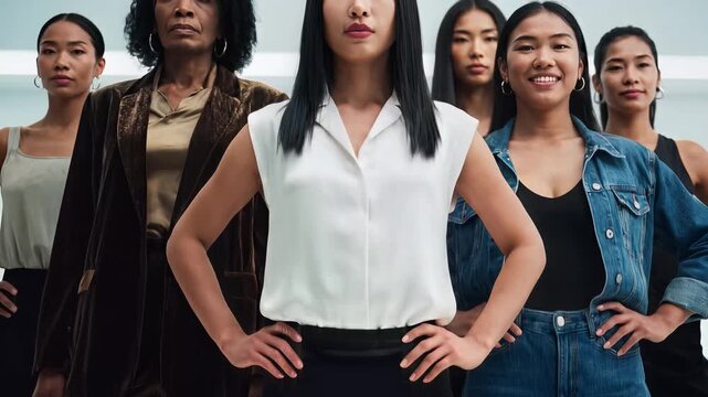 Empowered diverse women stand confidently, showcasing unity and strength in a bright studio.