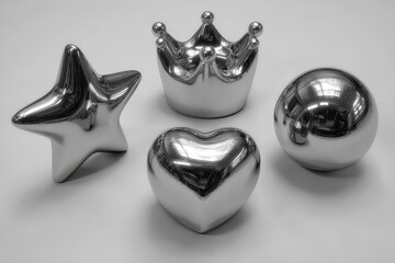 Metallic Star Heart Crown And Sphere Shapes In Silver Finish On White Background Illuminated By Diffused Lighting Festive Holiday Decoration