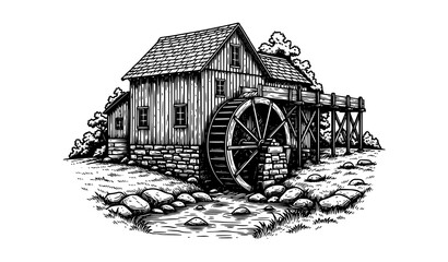 Rustic water mill with water wheel by creek vintage engraving vector illustration © Hanif