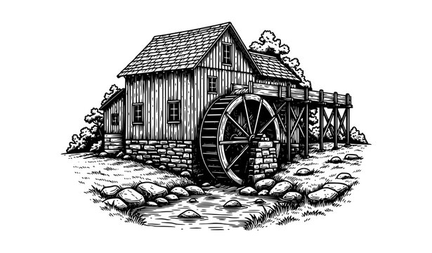 Rustic water mill with water wheel by creek vintage engraving vector illustration