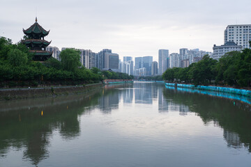 Chengdu River Skyline with High-Rise Buildings and Waterfront Promenade © tristanbnz