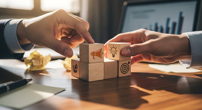 Business strategy and planning concept with wooden blocks and hands
