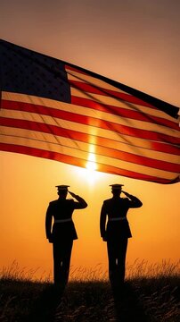Two Marine Corps Soldiers Saluting American Flag at Sunset for Veterans Day