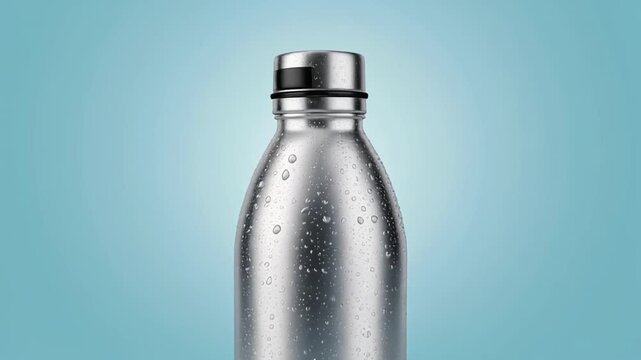 The Aluminum Water Bottle. Soccer/Football Merchandise Mockup (No Brand, No Logo). Merchandise Mockup. Minimalist brushed aluminum water bottle with a black screw cap, set against a solid pastel blue
