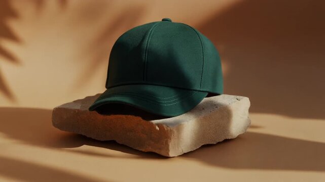 The Cotton Sideline Cap. Soccer/Football Merchandise Mockup (No Brand, No Logo). Fan Merchandise. An unbranded cotton baseball cap in deep forest green resting on a simple stone pedestal
