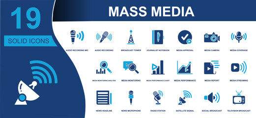 Mass media icon set. Containing microphone, broadcast tower, notebook, camera, monitoring, report, streaming, news, radio, satellite, television and more. Solid fill vector icons collection. © Asad