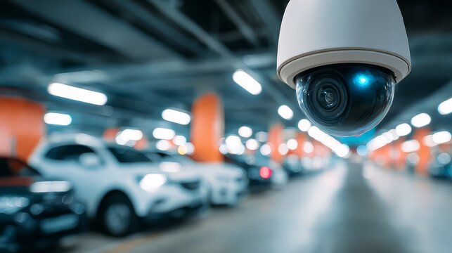 Security camera monitors parking garage with cars in background at night